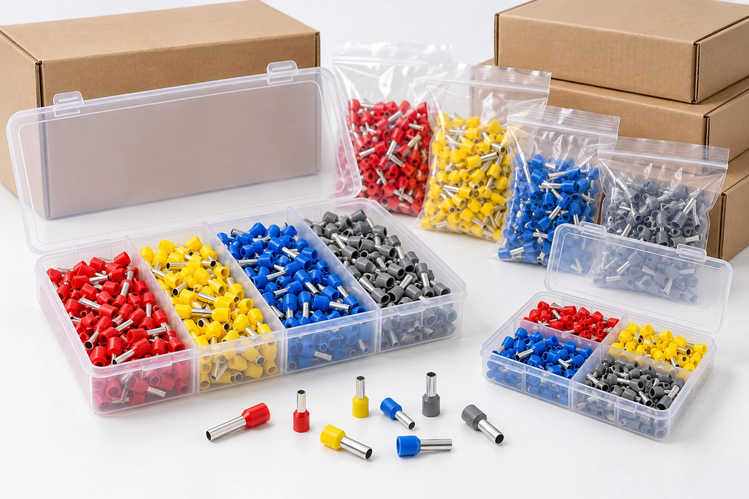 Illustrative sorted ferrule boxes, bags and export cartons