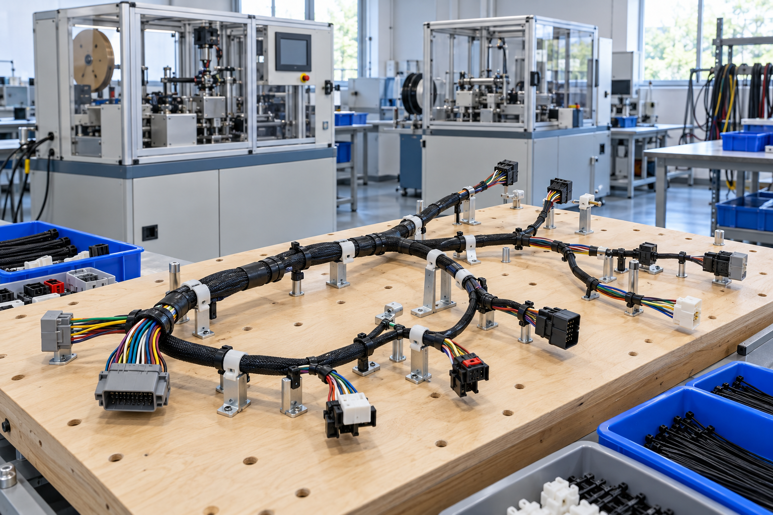 Illustrative wire harness workshop scene