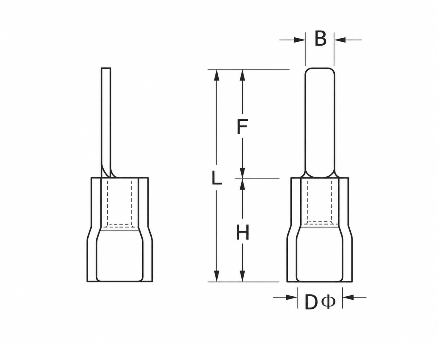 DBV flat-blade terminal dimension reference showing B F H DΦ and L