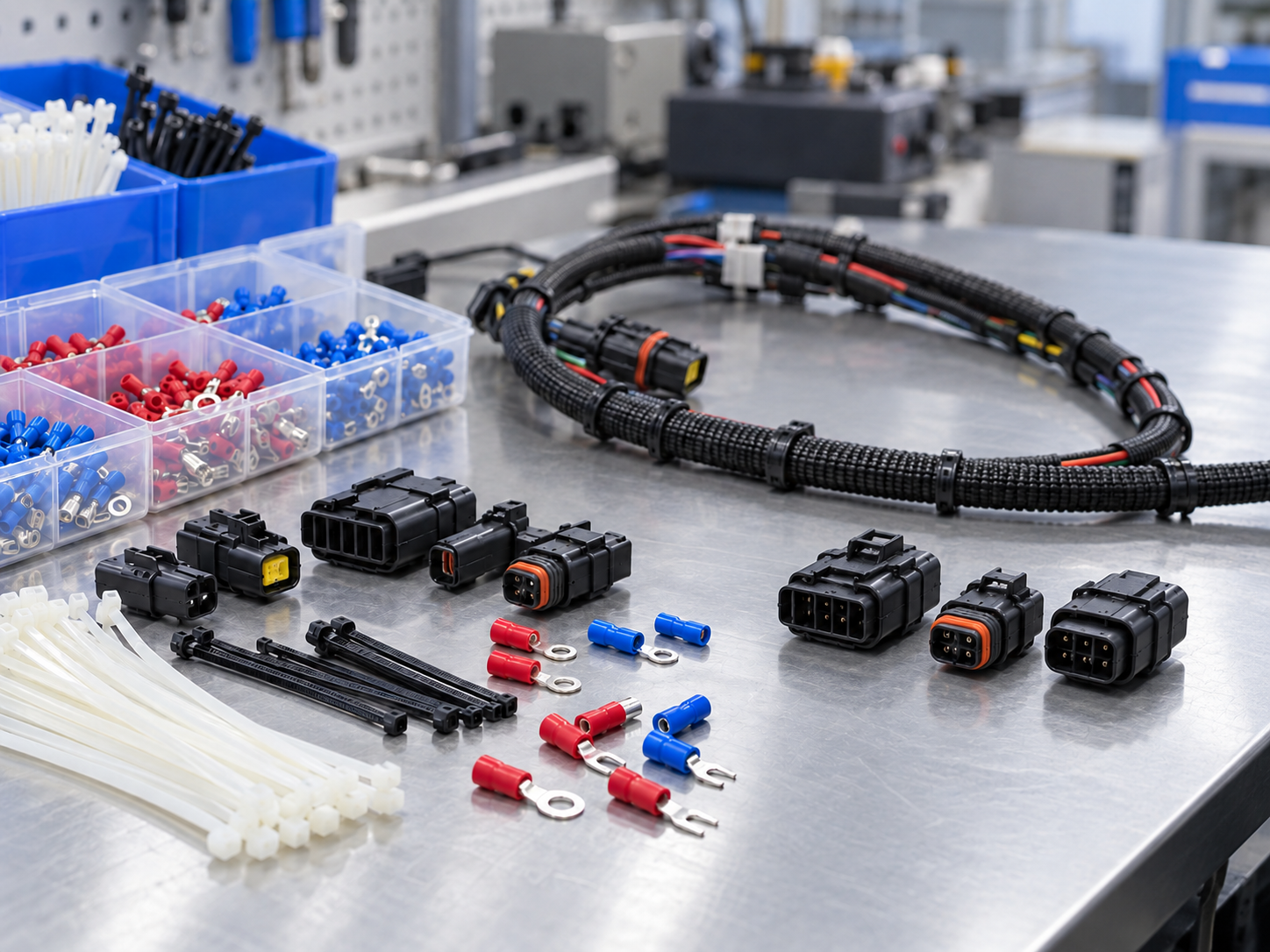 Illustration of electrical terminals, connectors and a wiring harness on an assembly workbench