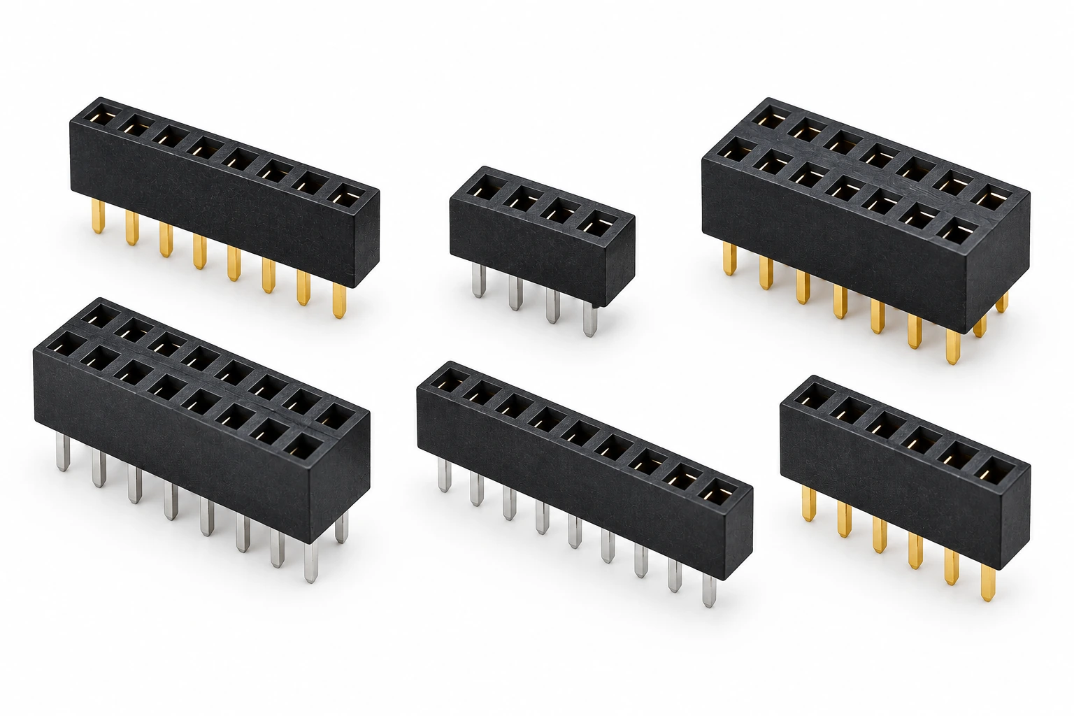 Custom female header connector options with different row arrangements and housing heights