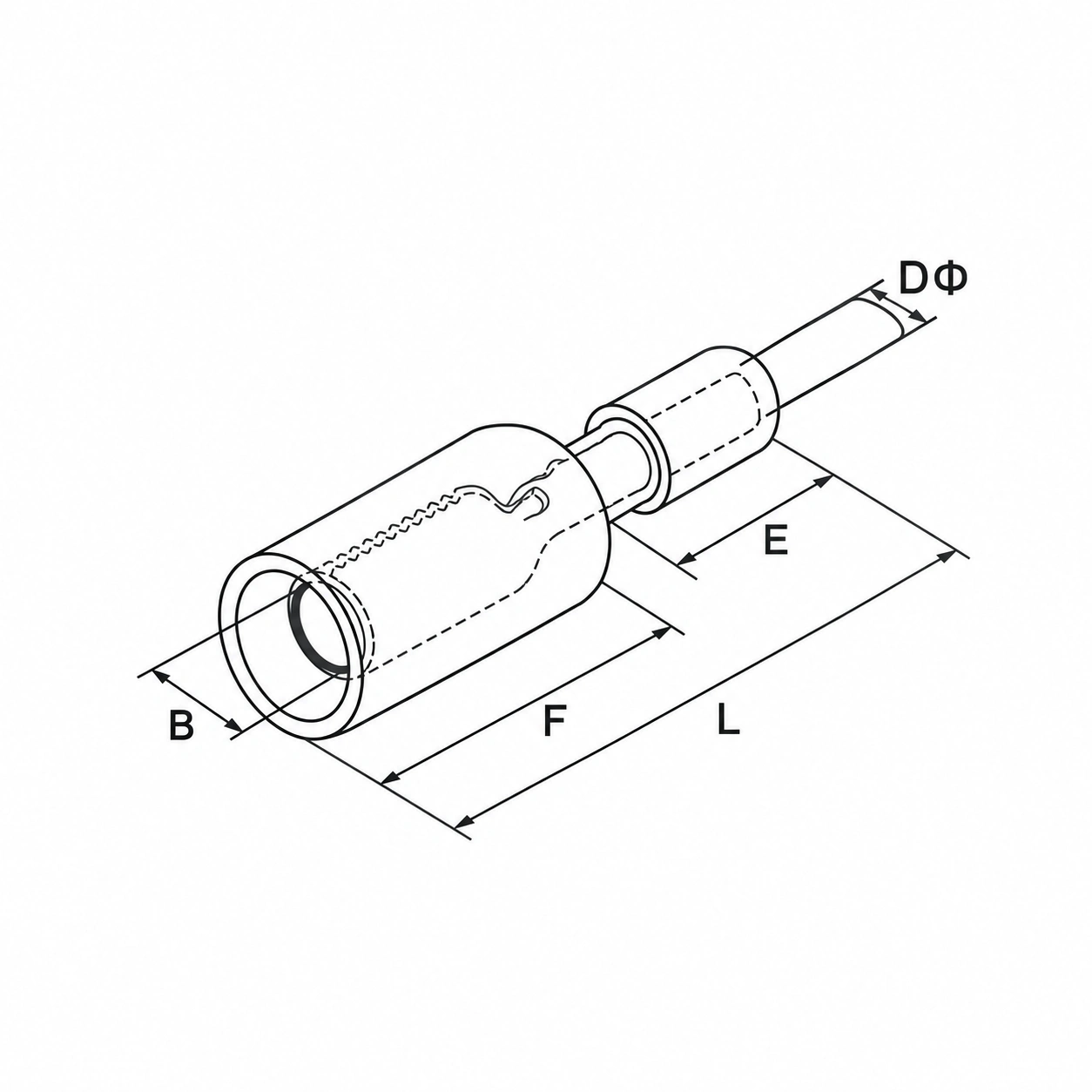 FRD female bullet terminal dimension reference showing B F DΦ E and L