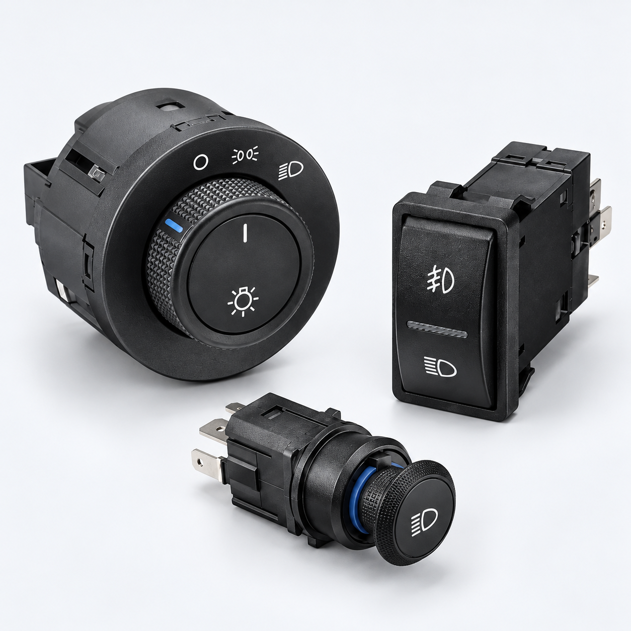 Automotive headlight switches: rotary dial, rectangular rocker and compact cylindrical switch