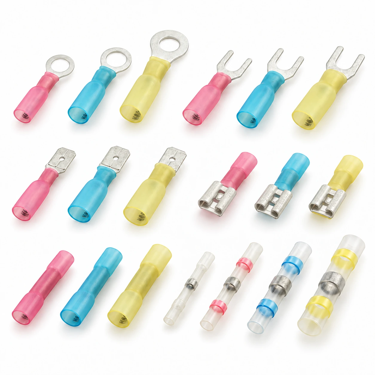 Collection of heat shrink ring, fork, male and female spade terminals, butt splices and solder sleeve connectors