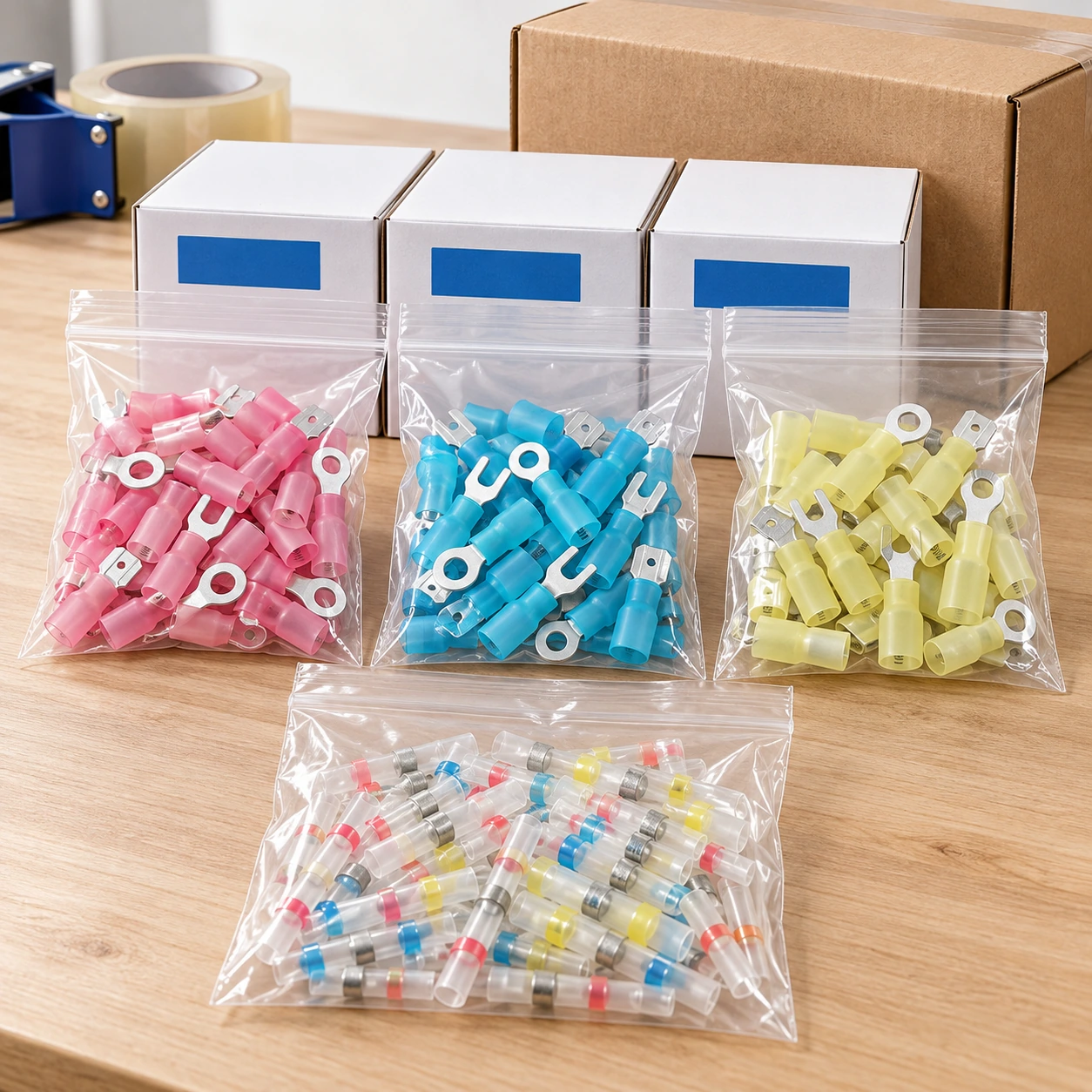 Illustrative heat shrink terminal packaging with separate product bags, inner boxes and an outer carton