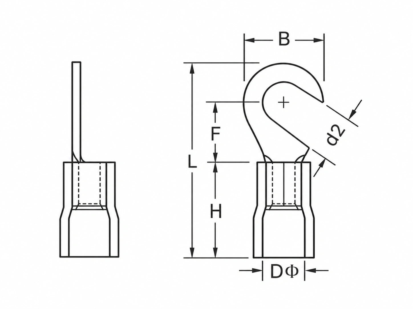 HV hook terminal dimensional reference showing B F H L d2 and DΦ