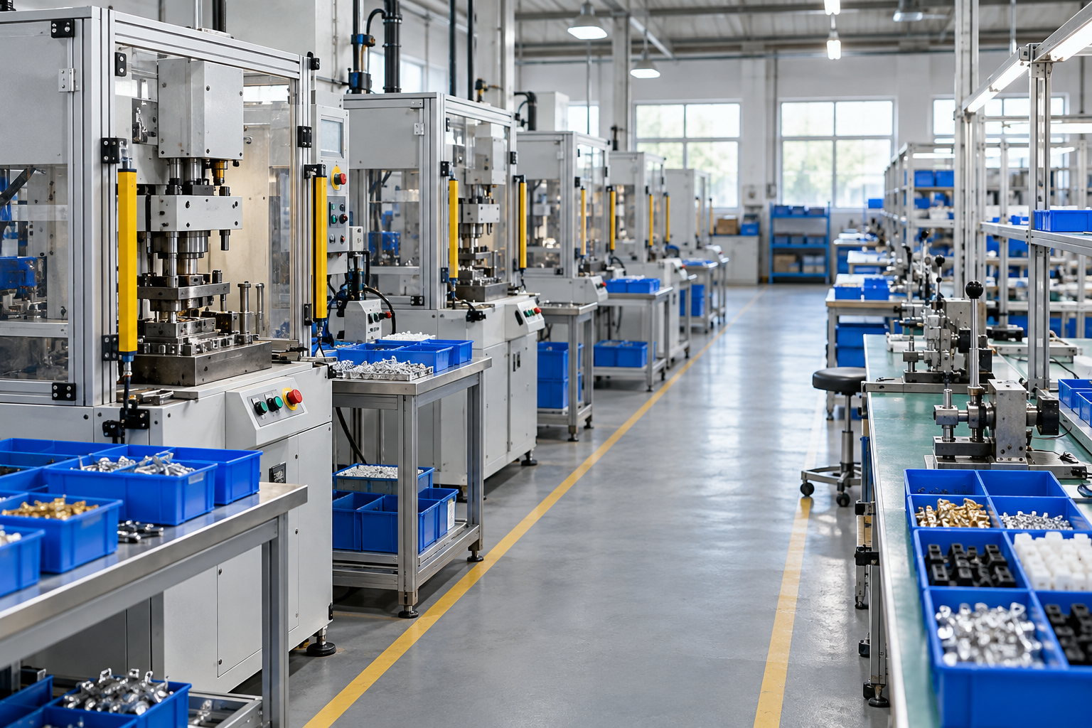 Illustrative electrical accessory production workshop with processing equipment and organized parts bins
