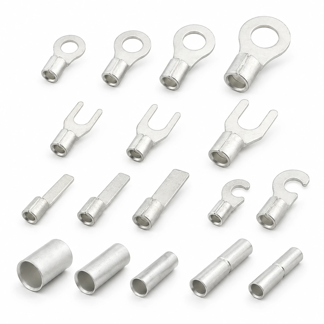Collection of non-insulated ring, fork, blade, pin, hook terminals, butt splices and bare ferrules