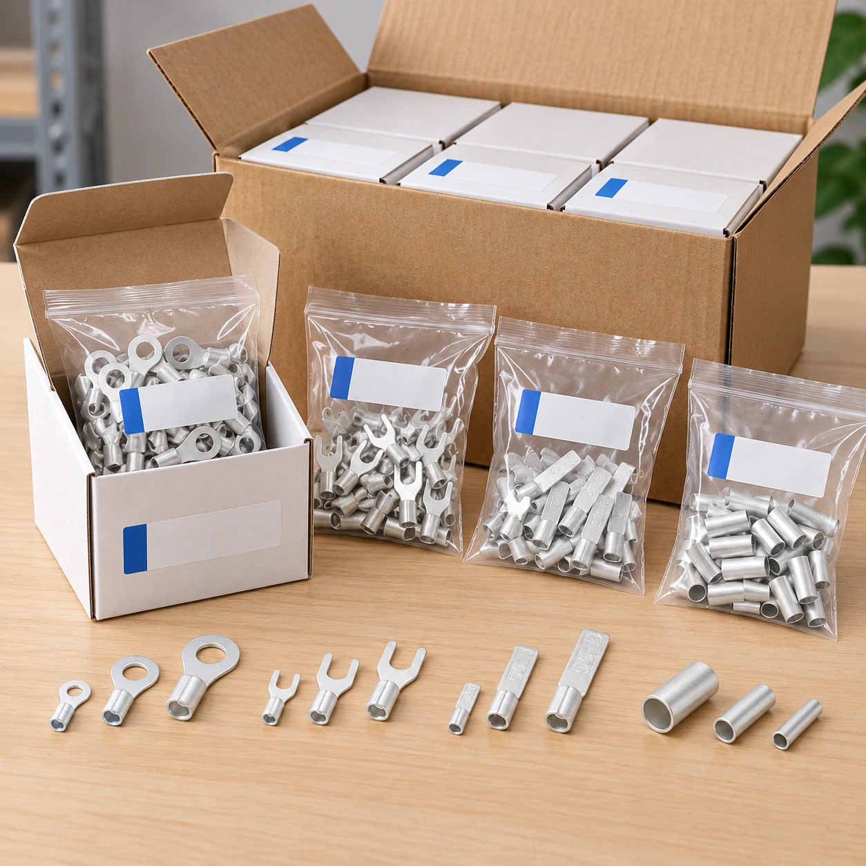 Illustrative non-insulated terminal packaging with separate product bags, inner boxes and an outer carton