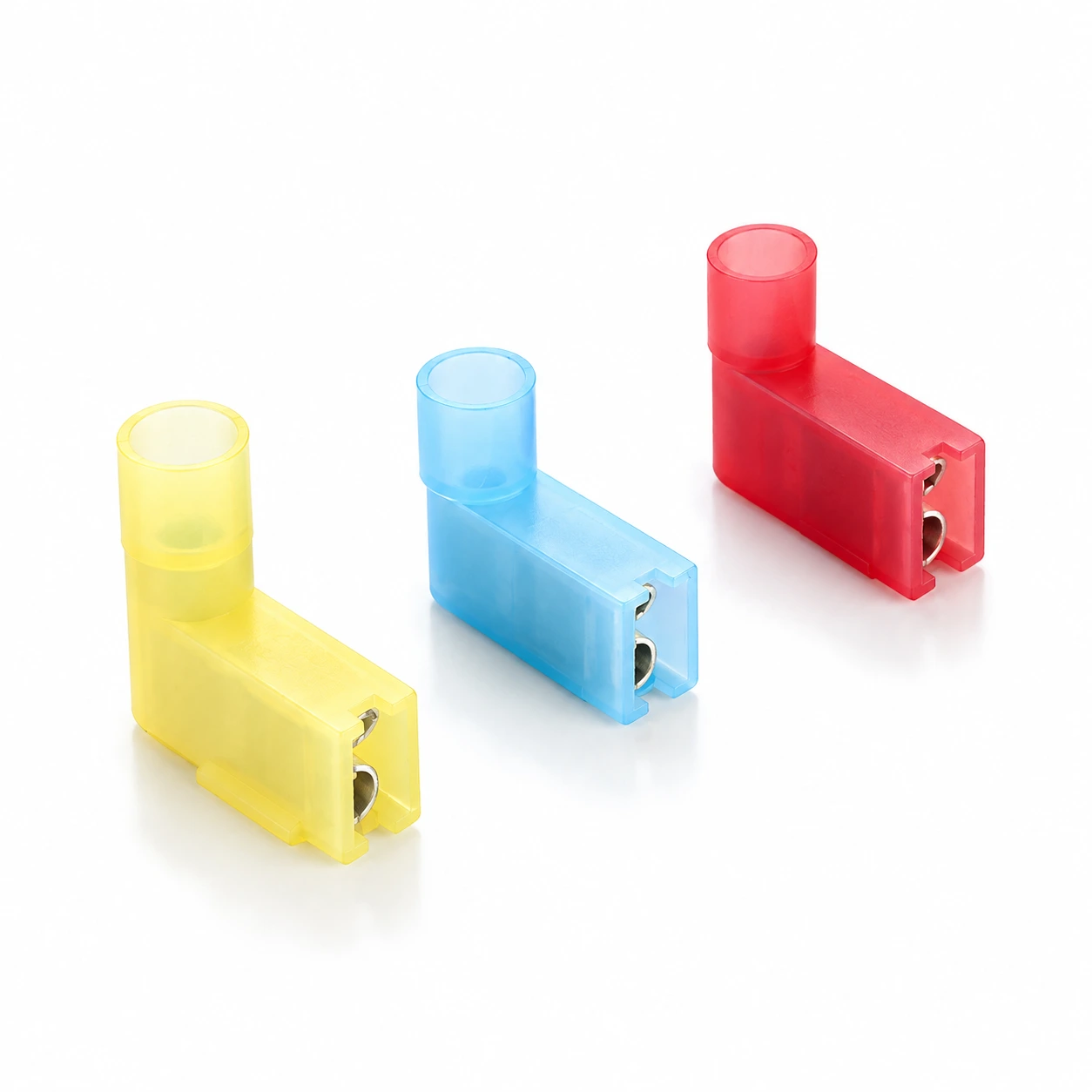 Yellow, blue and red right-angle nylon flag disconnect terminals with vertical wire-entry barrels, illustrative recreation of the original TONFUL catalogue photograph