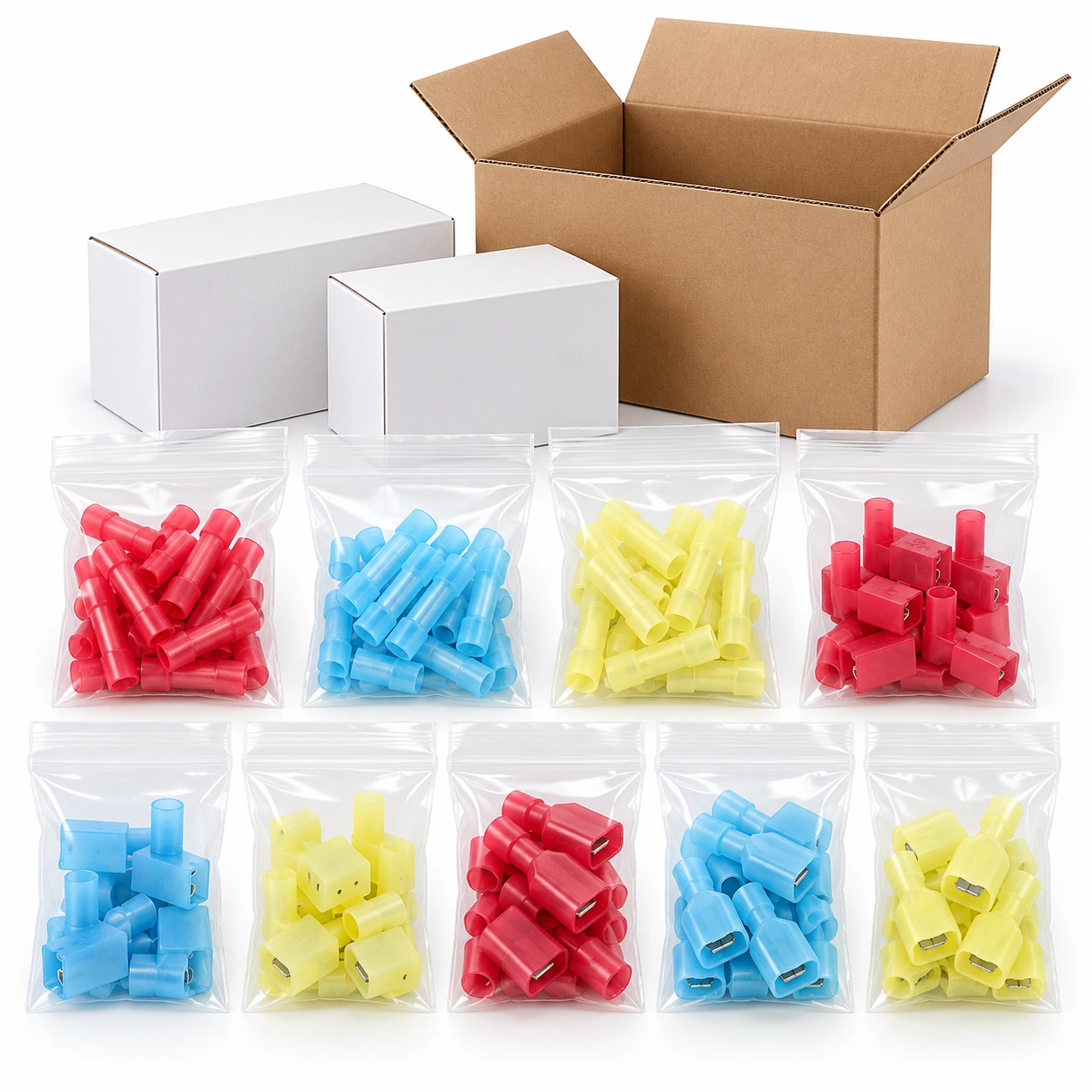 Illustrative nylon terminal packaging with clear product bags, white inner boxes and a kraft outer carton
