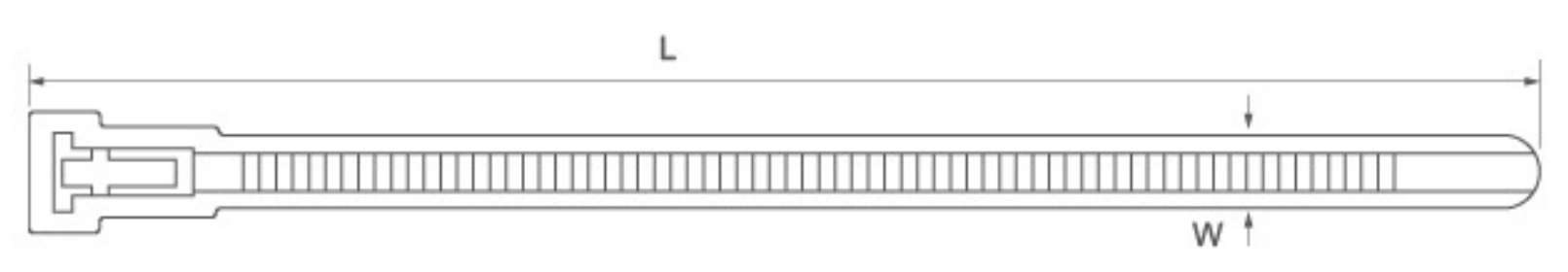 Source drawing of the releasable tie, showing overall length L and strap width W