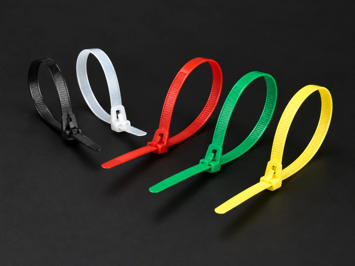 Black, natural white, red, green and yellow releasable cable ties formed into loops