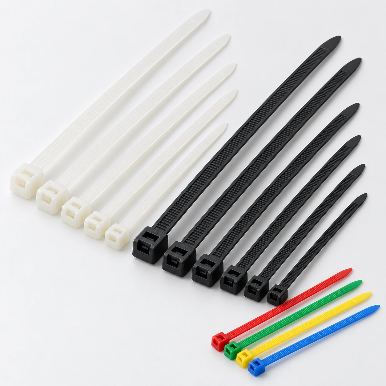 Natural, black and coloured self-locking nylon cable tie collection