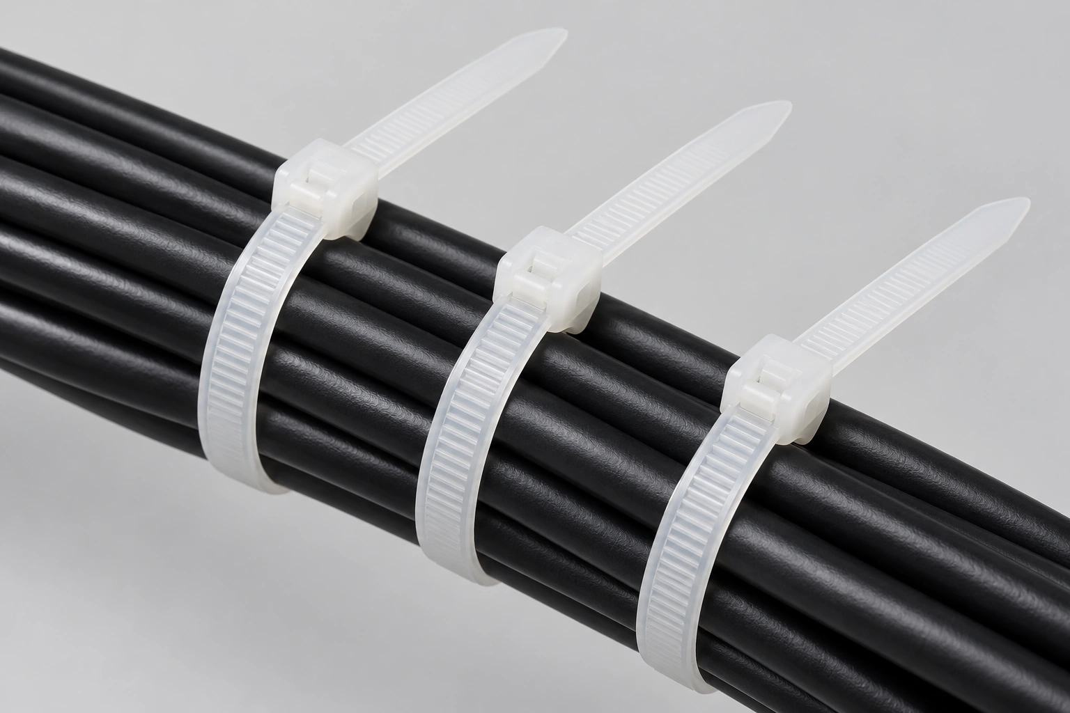 Close-up of natural self-locking nylon cable ties secured around a black cable bundle