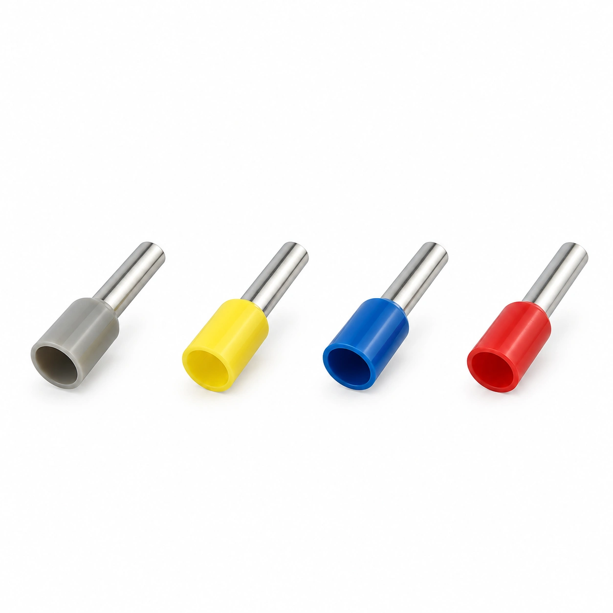 Grey, yellow, blue and red single-wire insulated cord end ferrules with silver tubular contacts