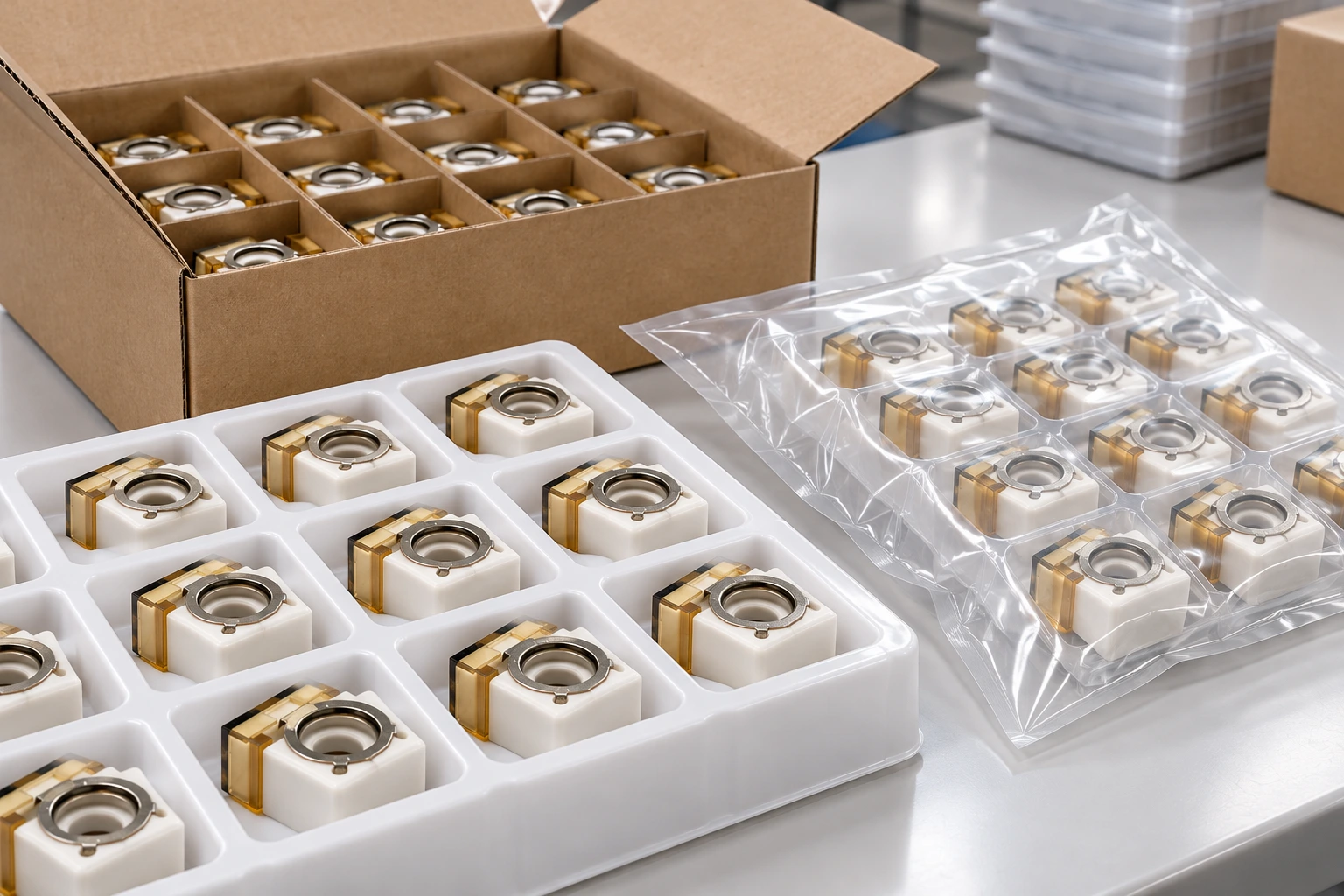 Illustrative protective packaging for square ceramic battery fuses