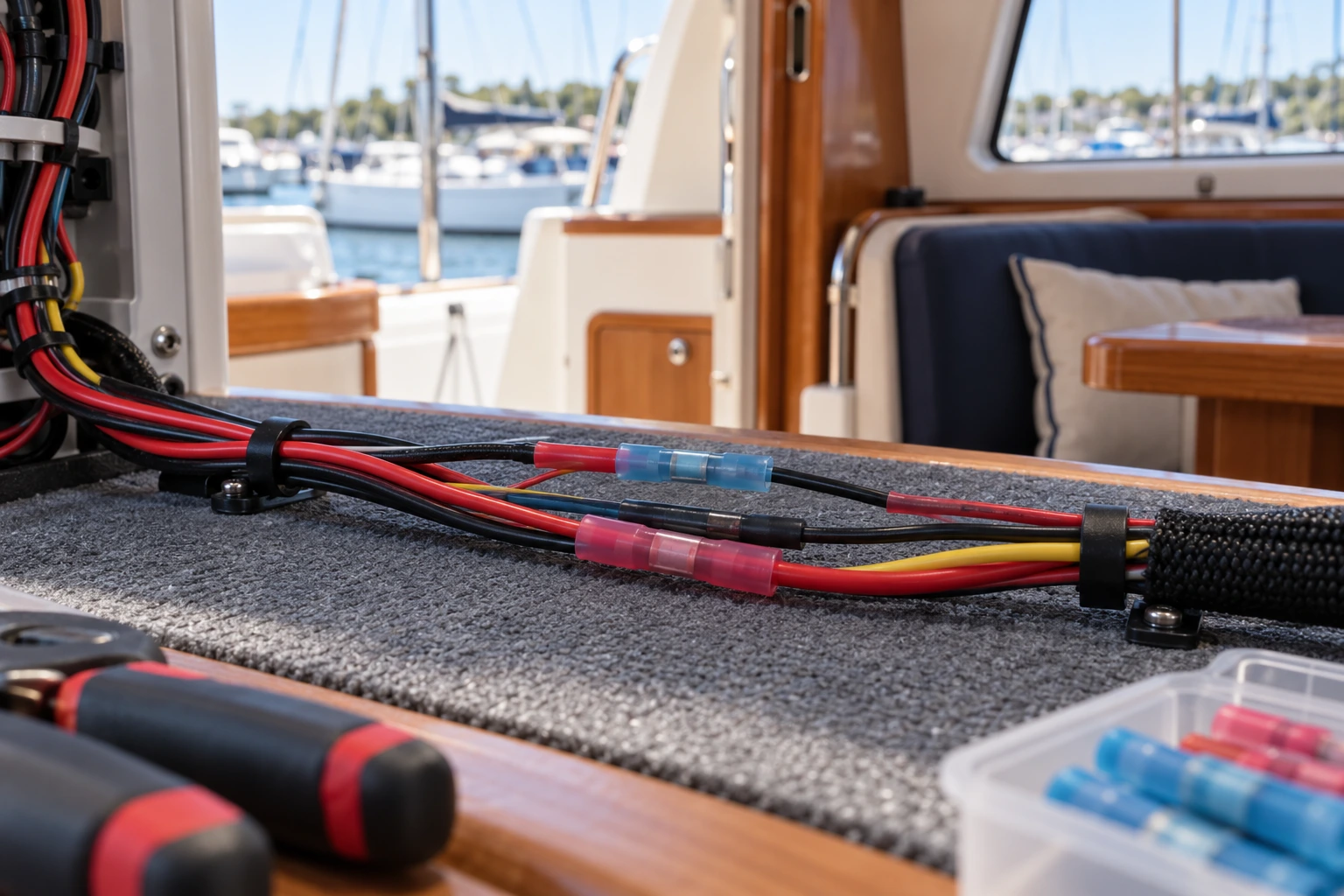 Protected marine wiring installation with heat shrink reducing splices