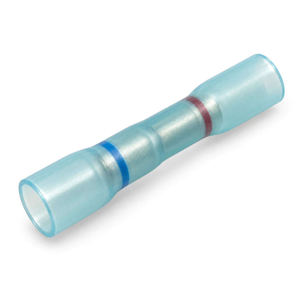 Blue and red heat shrink reducing butt connector for 16–14 to 22–18 AWG wires