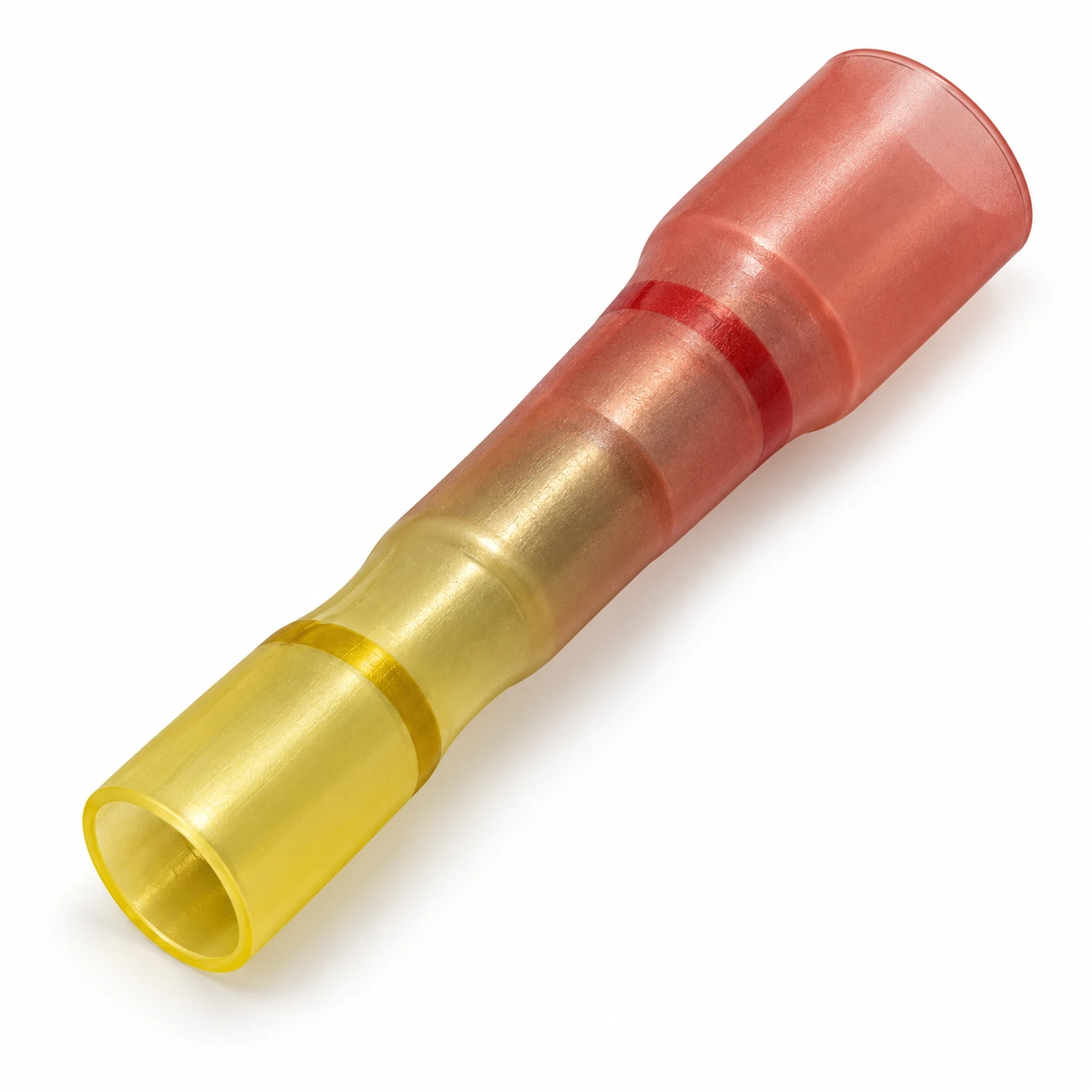 Red and yellow heat shrink reducing butt connector for 8 to 12–10 AWG wires