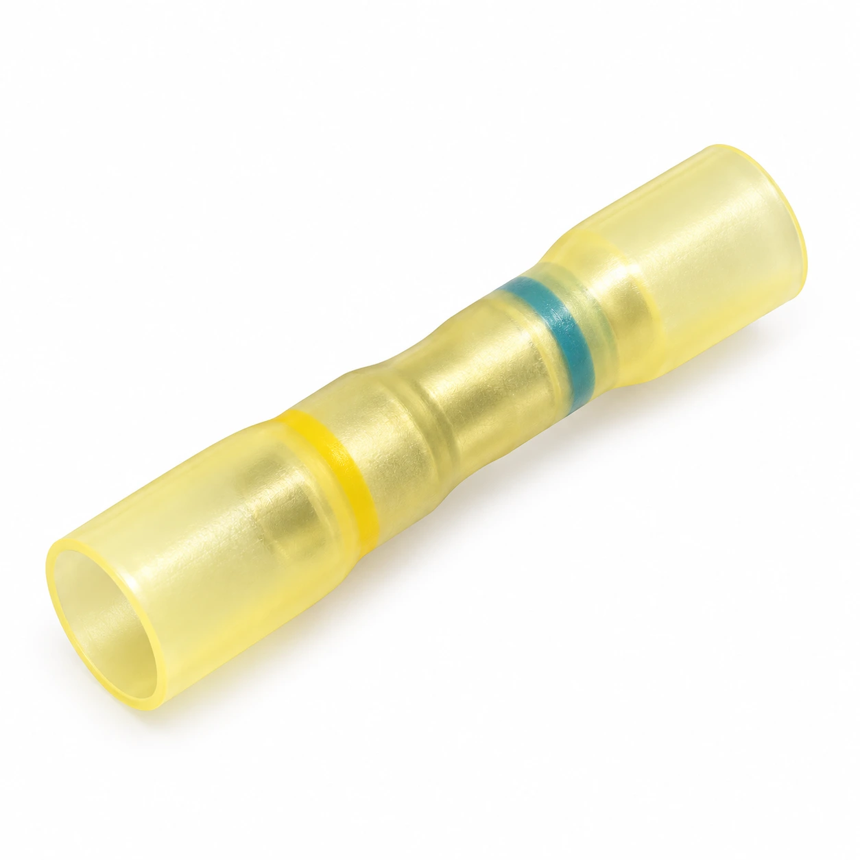 Yellow and blue heat shrink reducing butt connector for 12–10 to 16–14 AWG wires