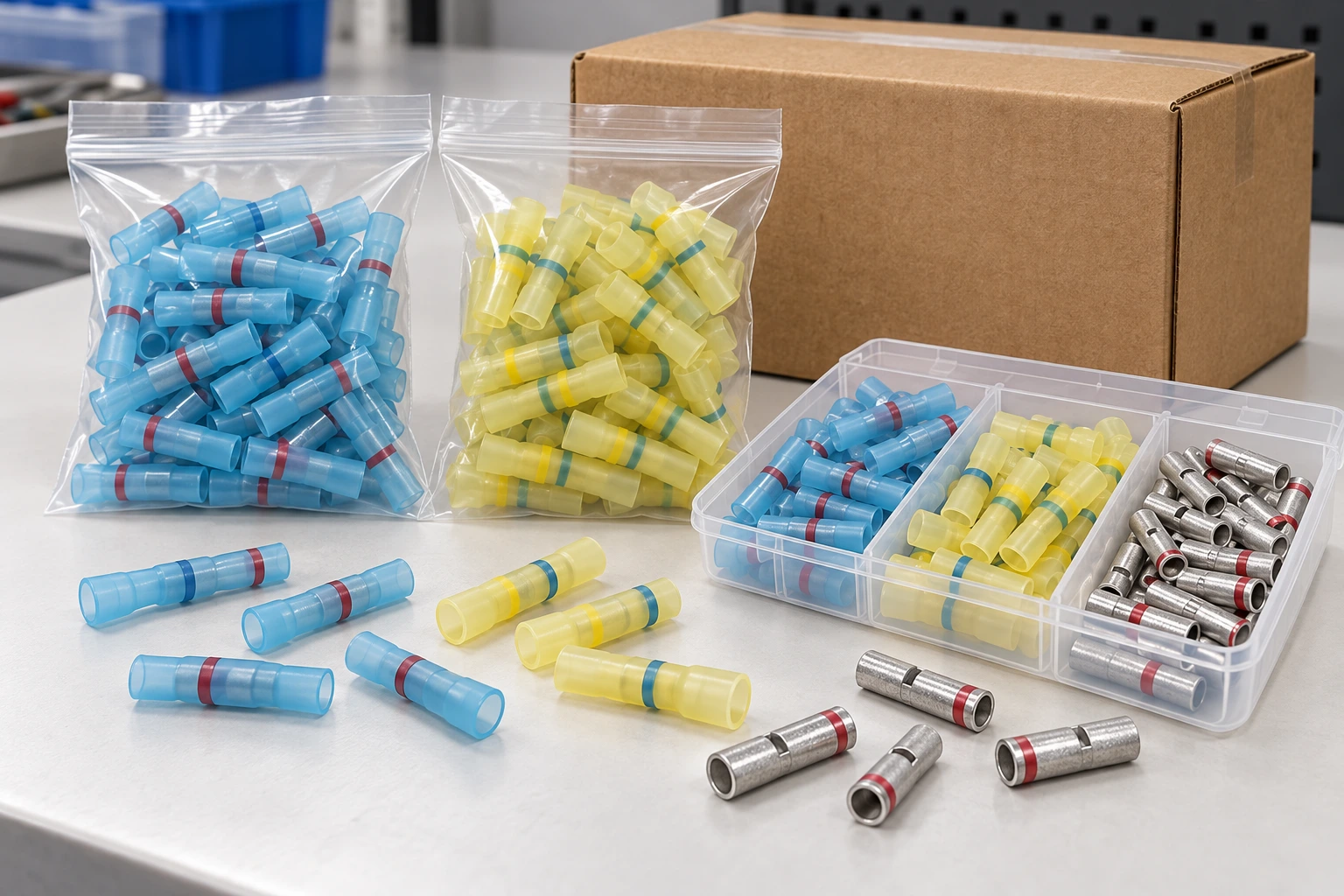 Illustrative sorted bags and compartment packing for reducing butt connectors