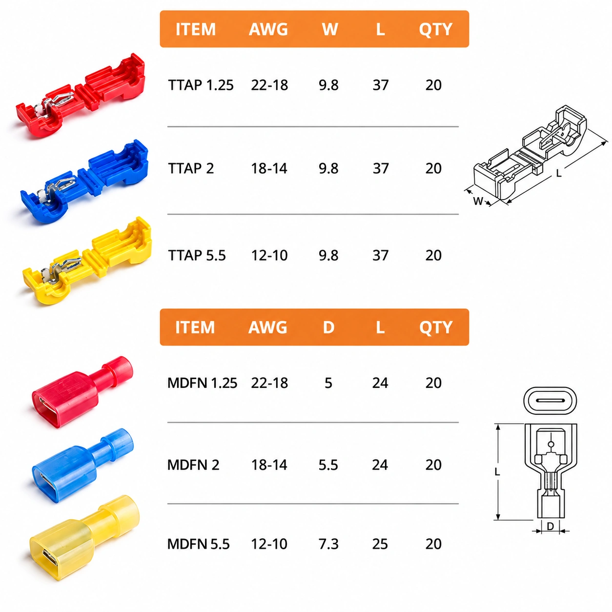 T-Tap Wire Connector dimension reference
