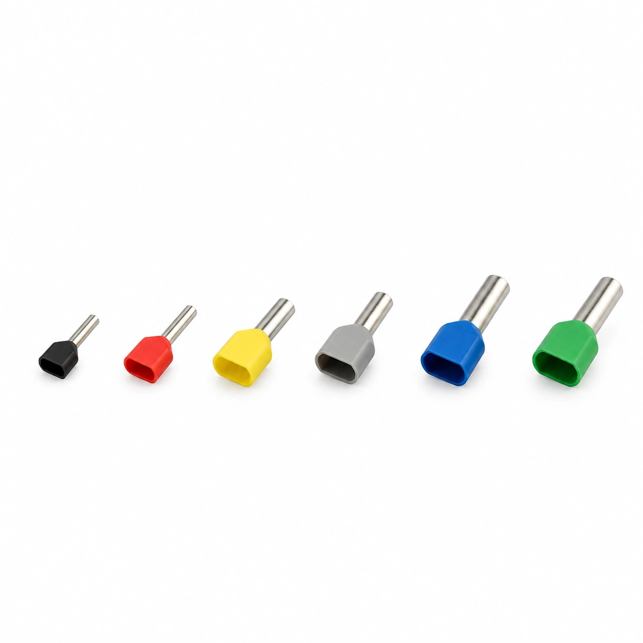 Black, red, yellow, grey, blue and green twin-wire insulated cord end ferrules with oblong collars