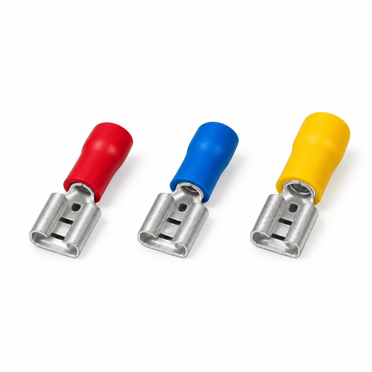 FDD female insulated terminal in red, blue and yellow vinyl insulation, recreated from the original TONFUL catalogue photograph