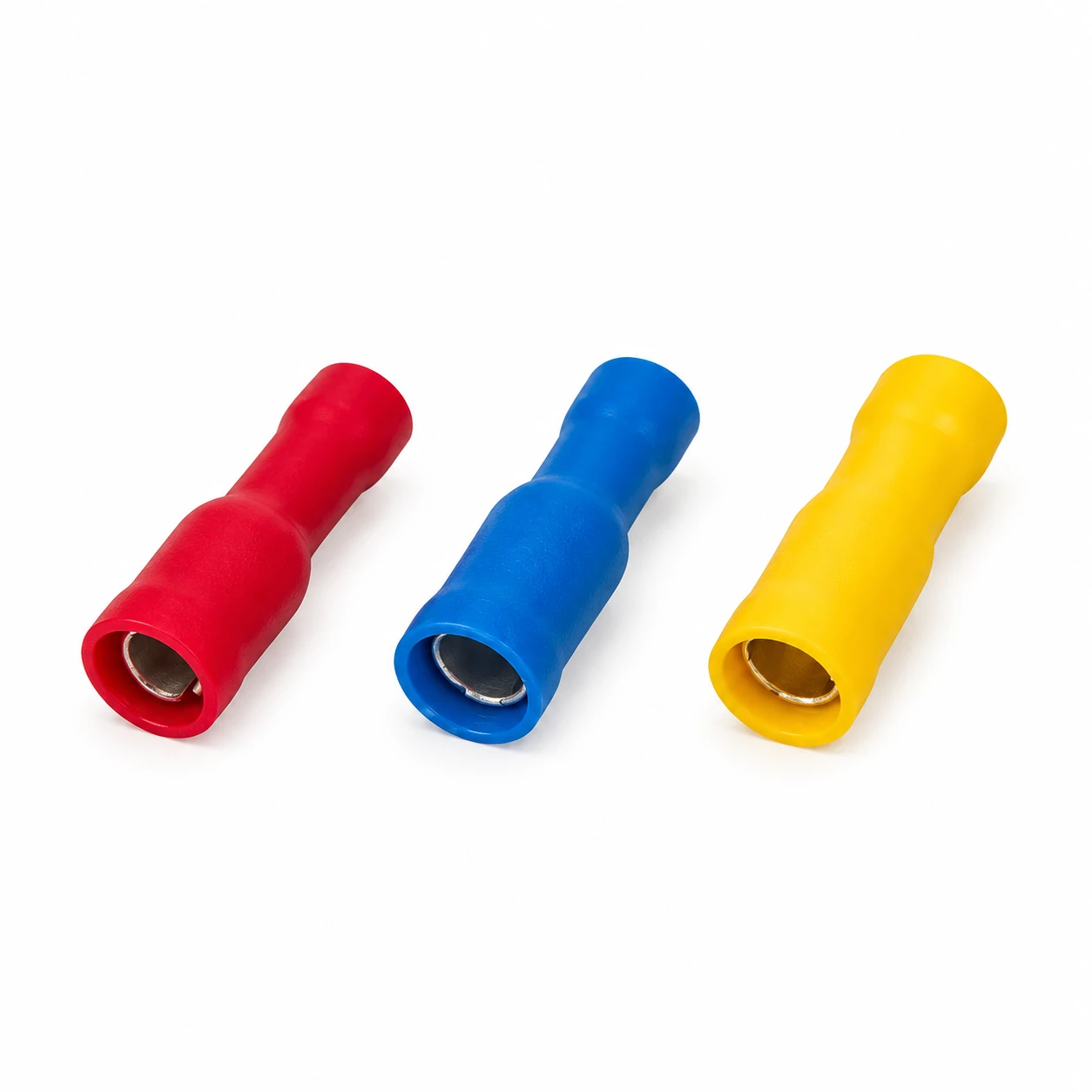 FRD bullet female insulated terminal in red, blue and yellow vinyl insulation, recreated from the original TONFUL catalogue photograph