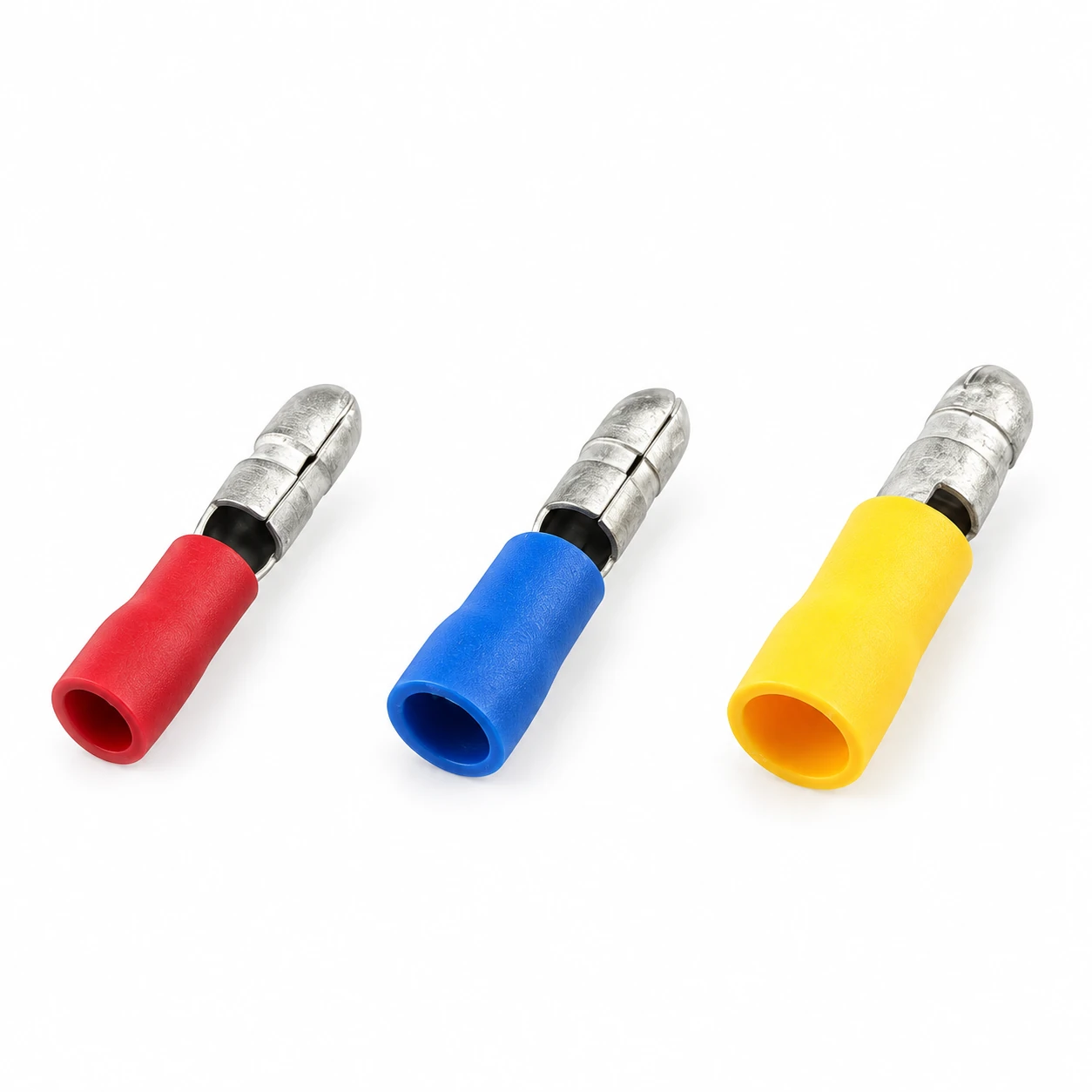 MPD bullet male insulated terminal in red, blue and yellow vinyl insulation, recreated from the original TONFUL catalogue photograph