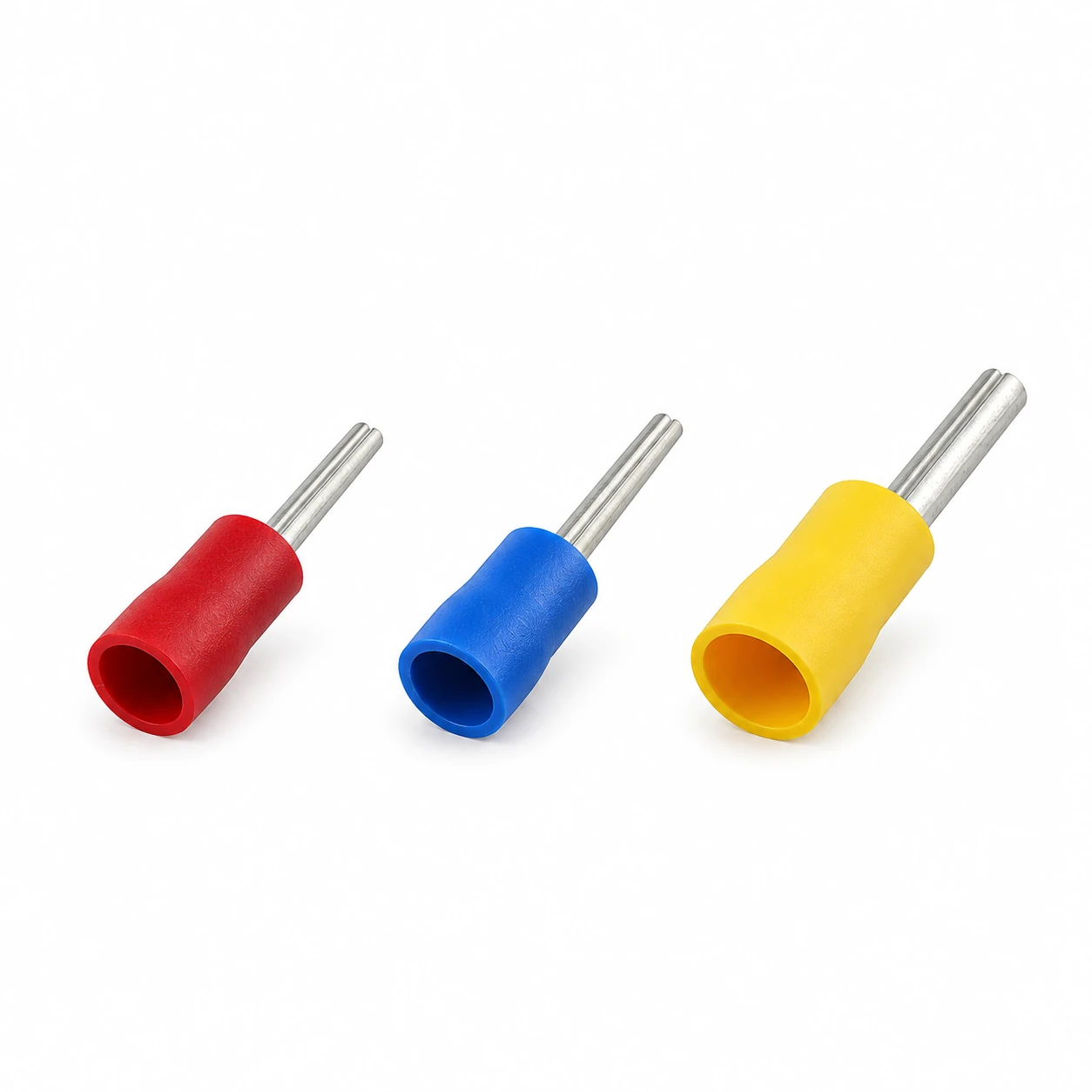 PTV pin insulated terminal in red, blue and yellow vinyl insulation, recreated from the original TONFUL catalogue photograph