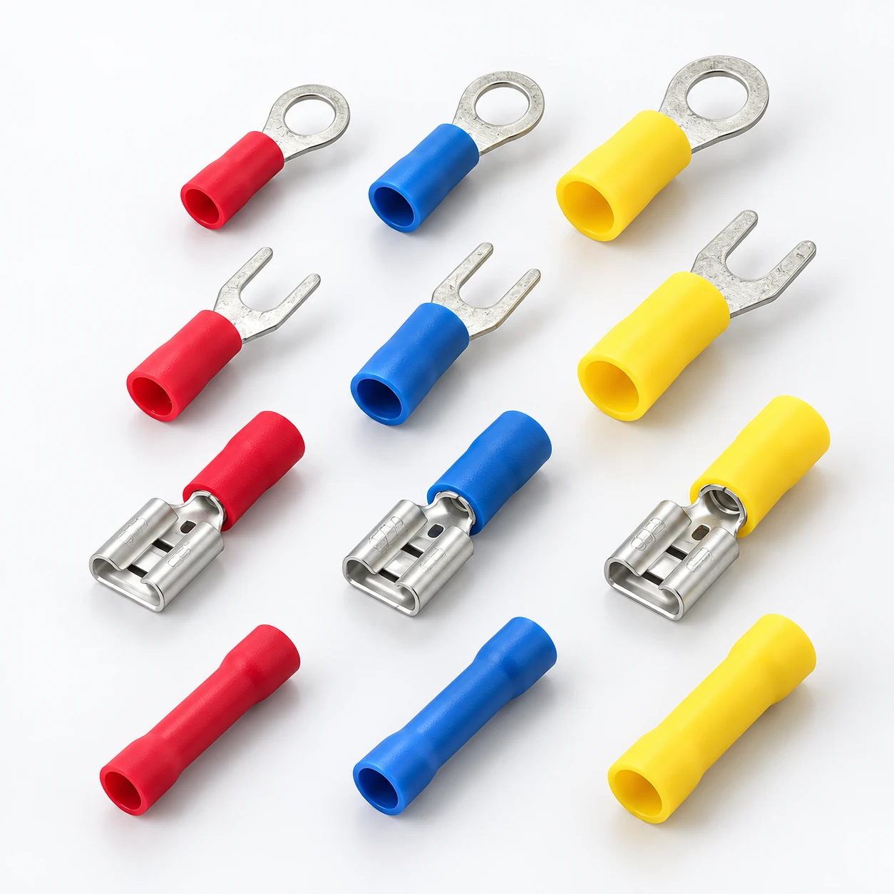 Red, blue and yellow vinyl-insulated ring, fork, female spade terminals and butt connectors in a studio product collection