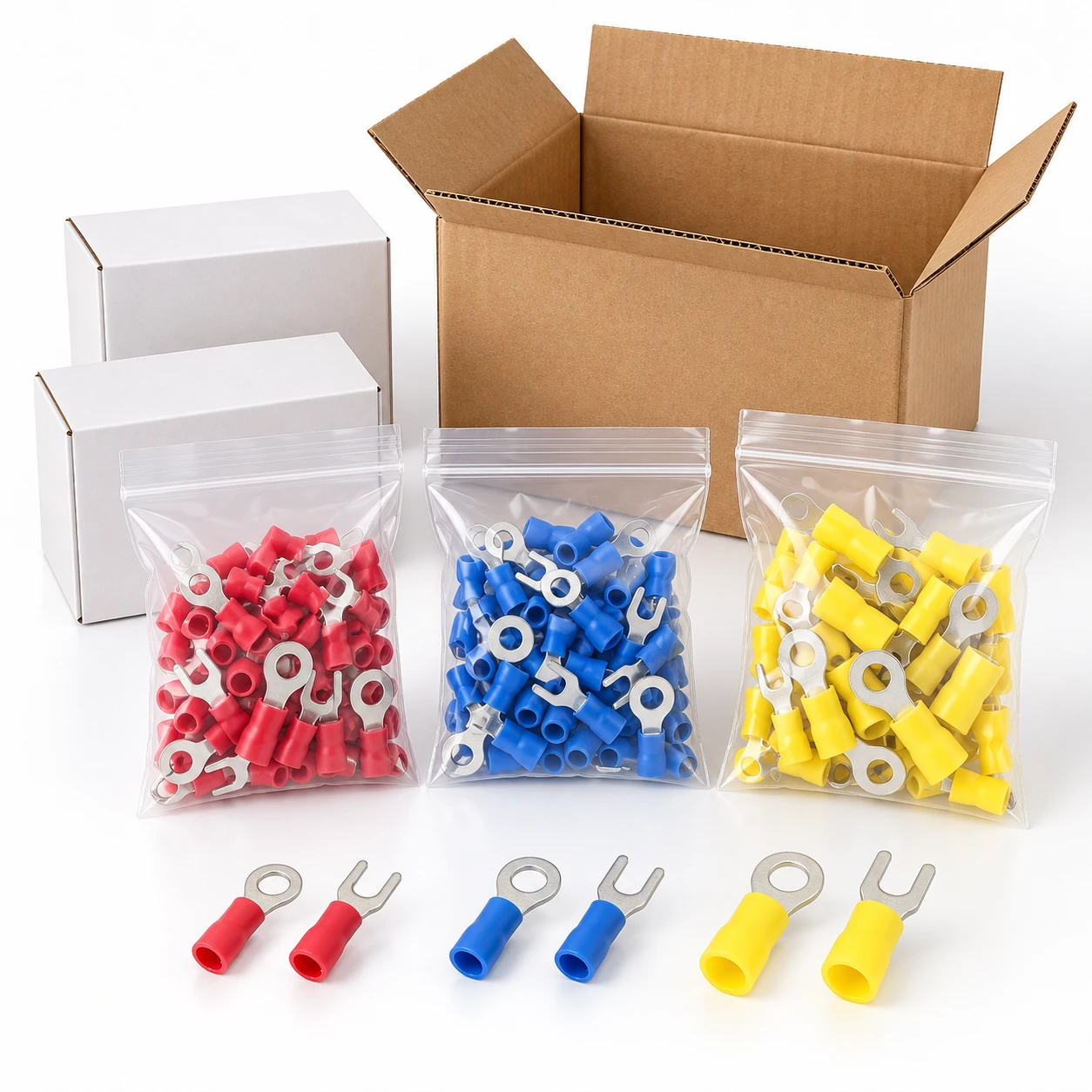 Illustrative vinyl-insulated terminal packaging with clear product bags, white inner boxes and a kraft shipping carton