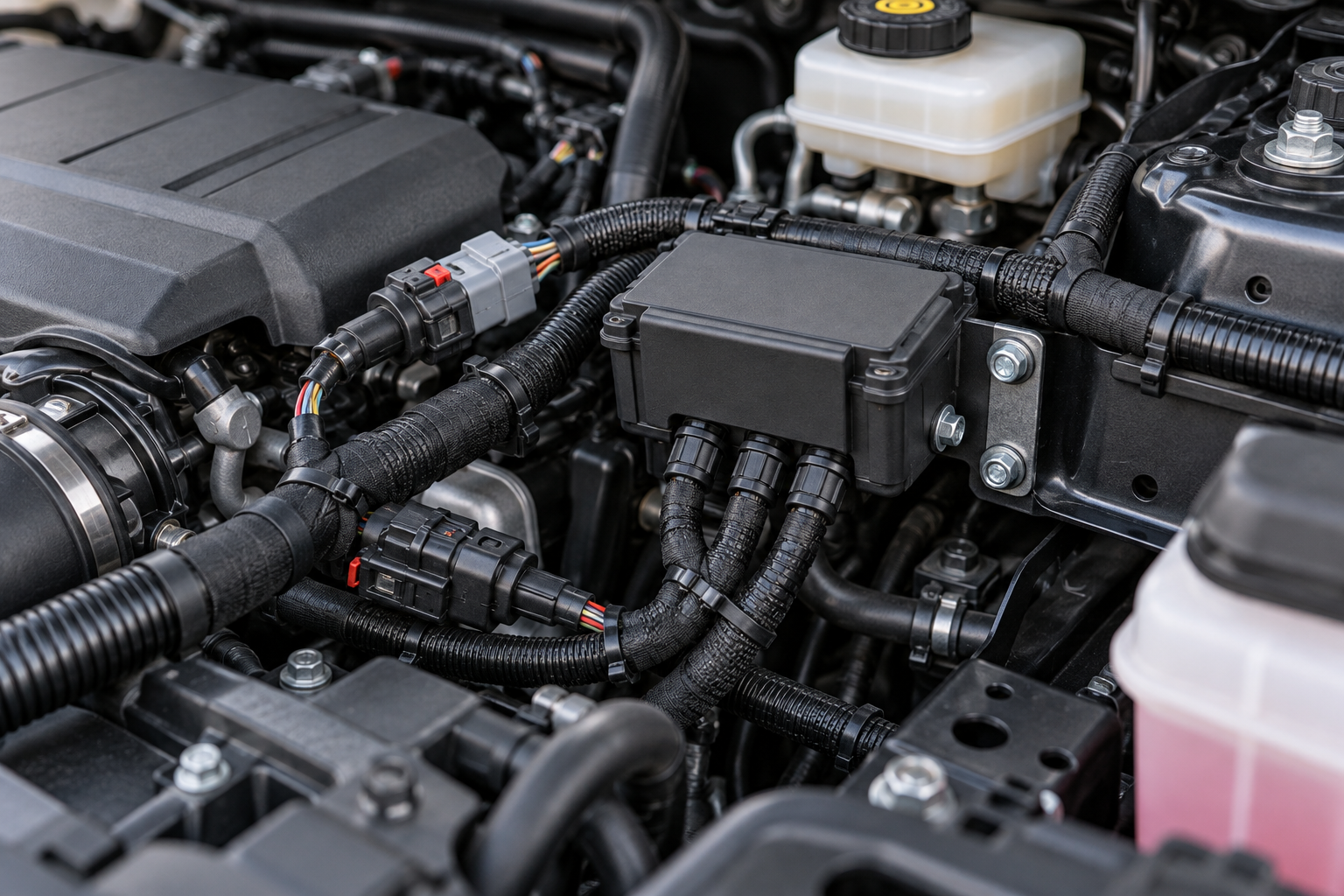 Illustrative protected automotive wire harness installation