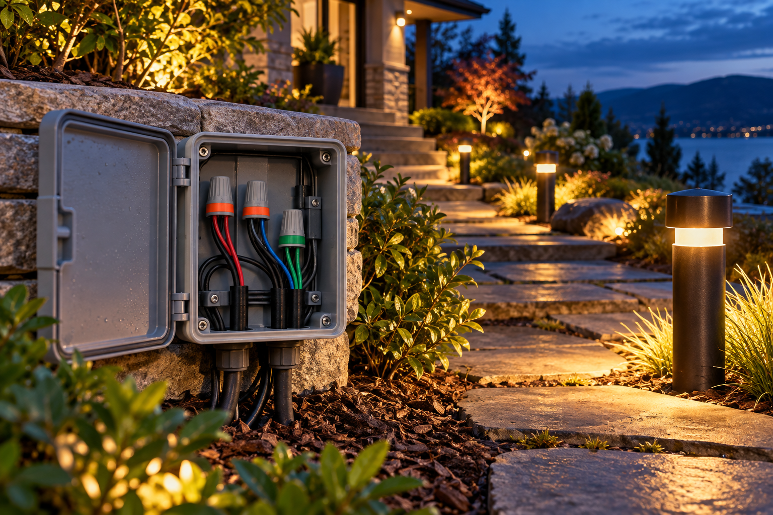 Illustrative landscape lighting installation with protected wiring
