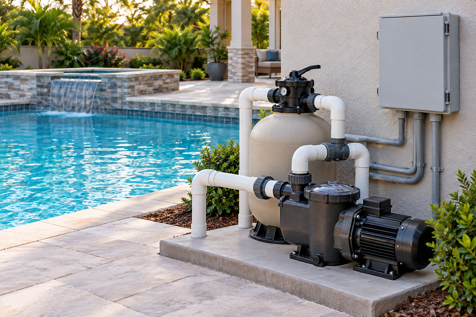 Illustrative dry pool equipment area with protected electrical enclosure