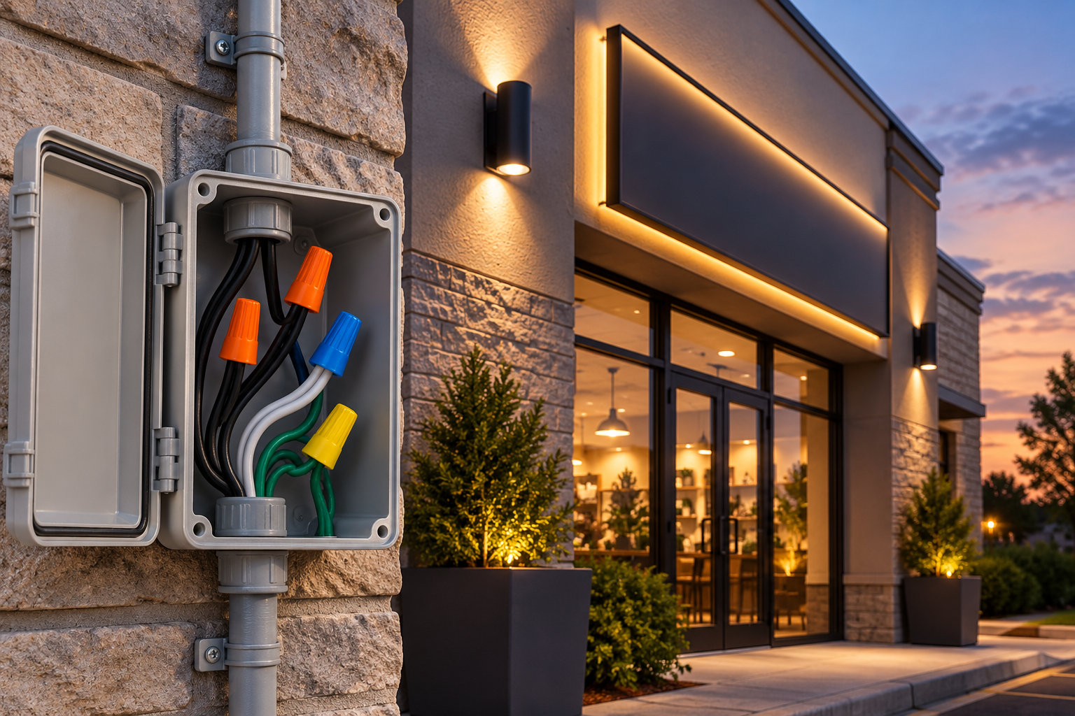 Illustrative outdoor sign and luminaire wiring service enclosure