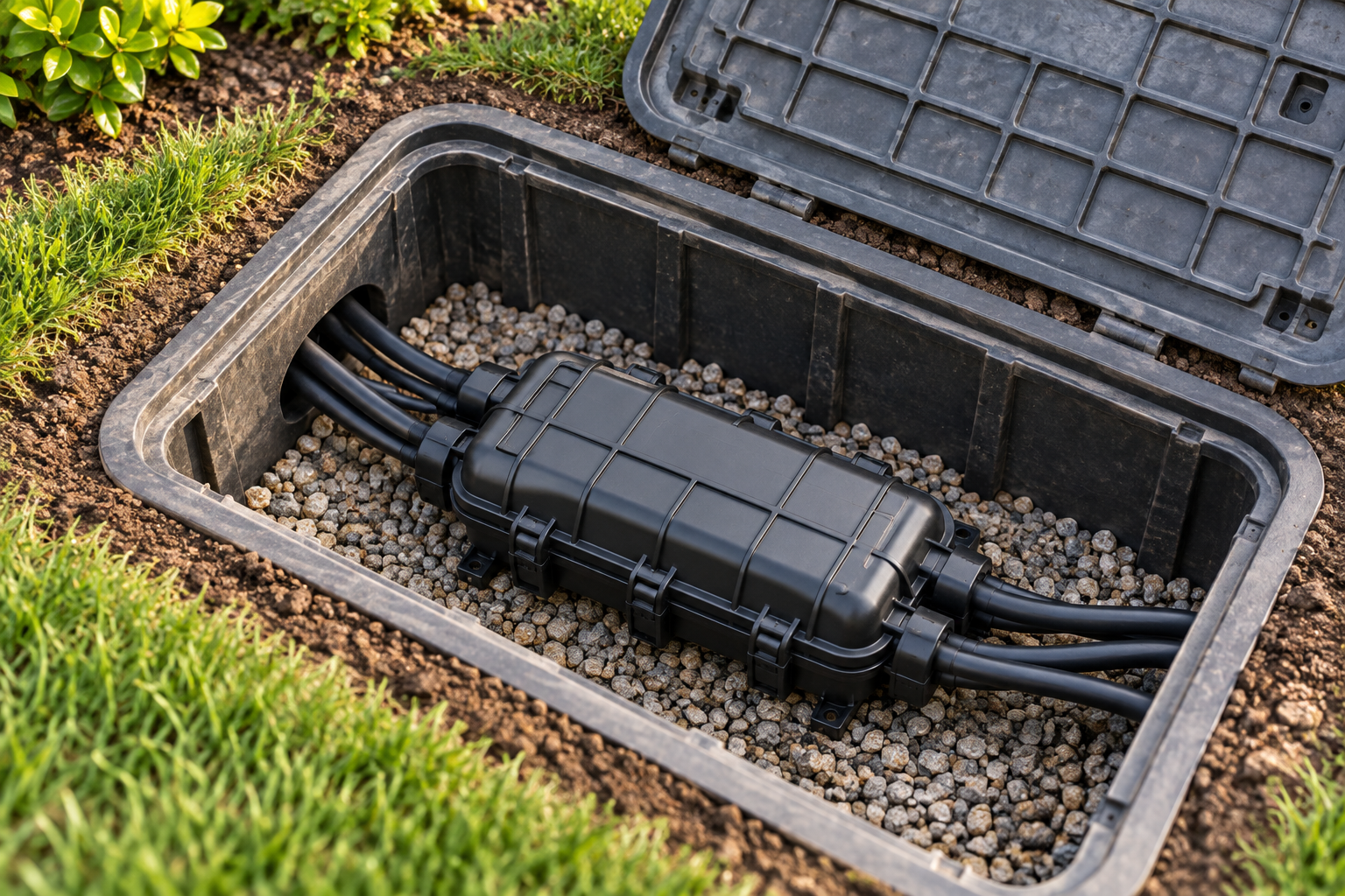 Illustrative underground cable service handhole with protected splice enclosure