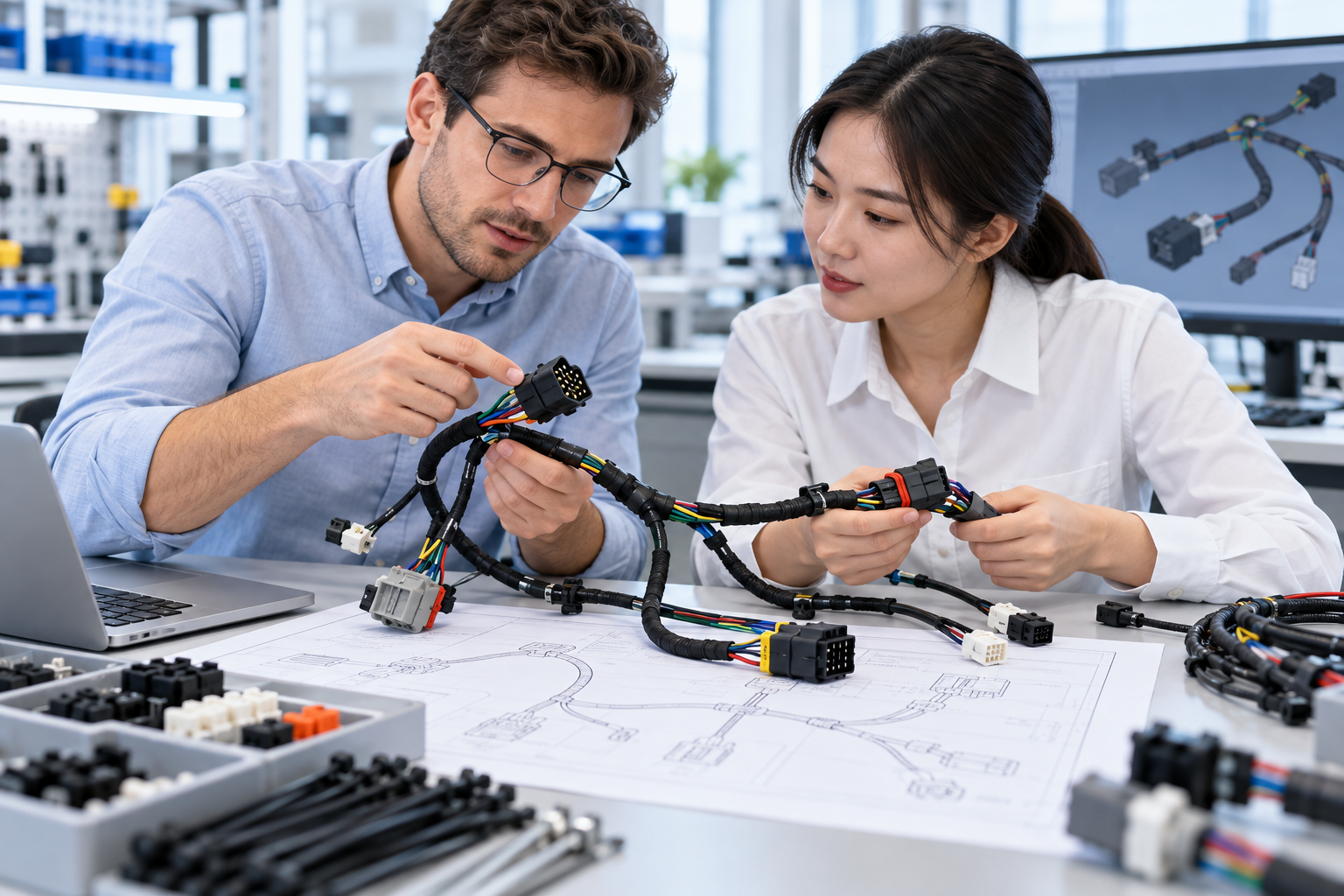 Conceptual illustration of support consultation for custom wire harness assemblies