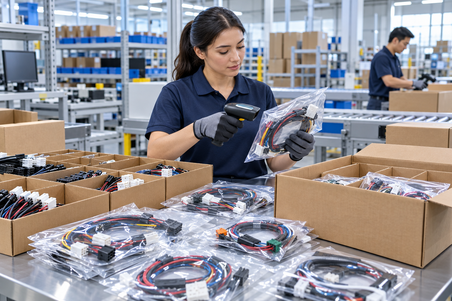 Conceptual illustration of support logistics for custom wire harness assemblies